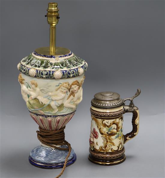 A German 800 Standard silver mounted stein and a pottery lamp base Stein 20cm high from base to top of handle